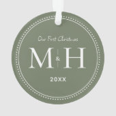 Onze eerste kerst Passen getrouwd Monogram Sage Gr Ornament (achterkant)