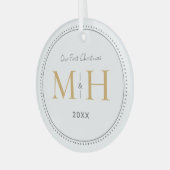 Onze eerste kerst Passen getrouwd Monogram Wit Glas Ornament (Voorkant links)