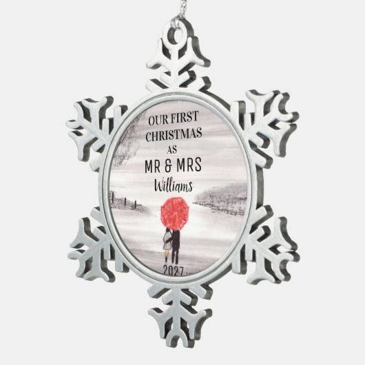 Onze eerste kerst rode paraplu liefde paar tin sneeuwvlok ornament (Rechts)