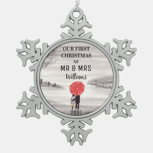 Onze eerste kerst rode paraplu liefde paar tin sneeuwvlok ornament (Voorkant)