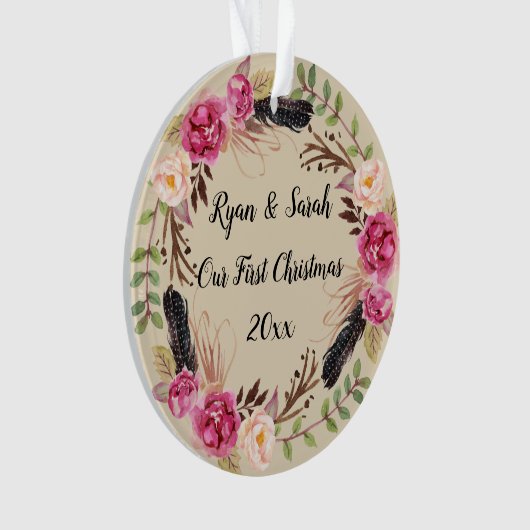 Onze eerste kerst rustieke Boho Floral Ornament (voorkant)