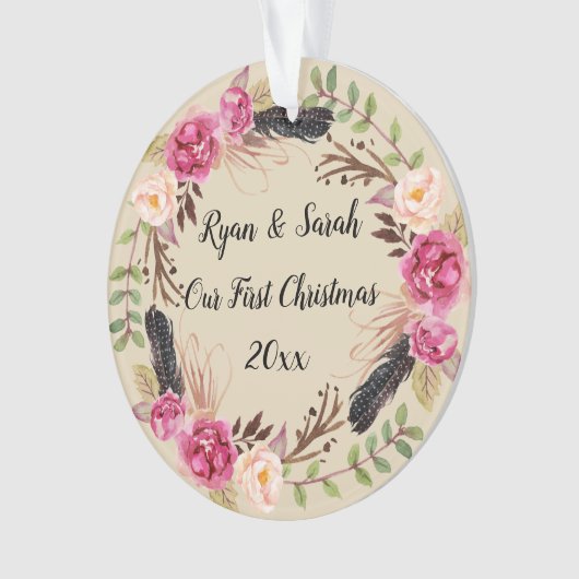 Onze eerste kerst rustieke Boho Floral Ornament (voorkant)