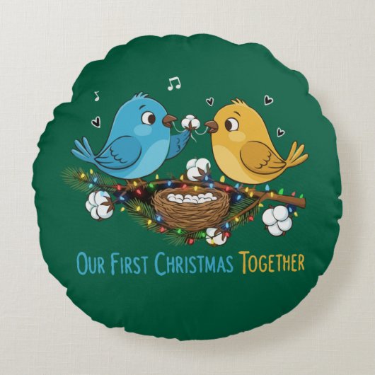 Onze eerste kerst samen Cute Lovebirds Rond Kussen (Voorkant)