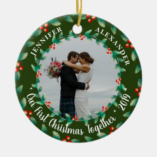 Onze eerste kerst samen heilige foto keramisch ornament (Voorkant)