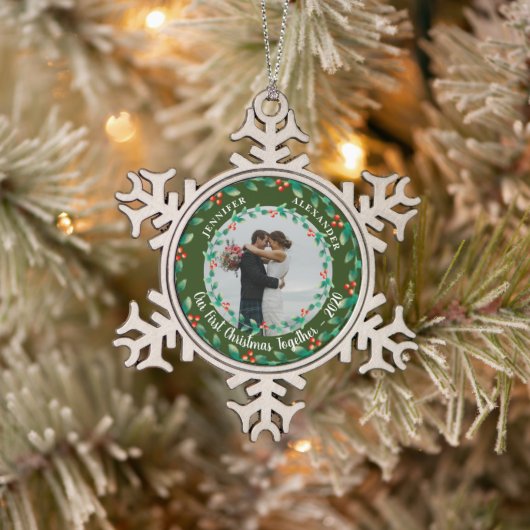 Onze eerste kerst samen heilige foto tin sneeuwvlok ornament (Boom)