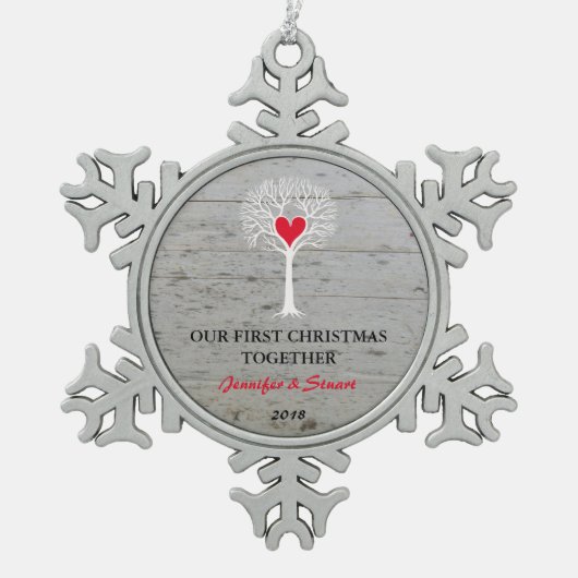 Onze eerste kerst samen houden van boomhout tin sneeuwvlok ornament (Voorkant)