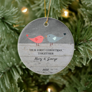 Onze eerste kerst samen houden van vogels hout keramisch ornament