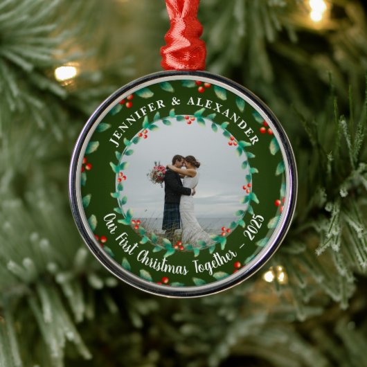 Onze eerste kerst samen hulst foto metalen ornament (Boom)