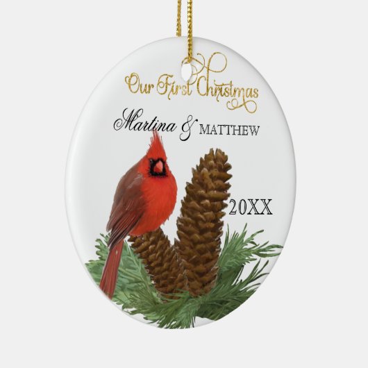 Onze eerste kerst samen kardinaal dennenappels keramisch ornament (Rechts)