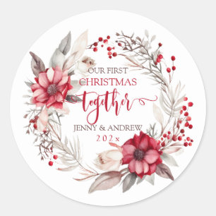 Onze eerste kerst samen krans ronde sticker