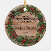 Onze eerste kerst samen met bijtende bosbessen keramisch ornament (Achterkant)