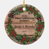 Onze eerste kerst samen met gehuwde houtbessen keramisch ornament (Achterkant)