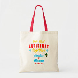 Onze eerste kerst samen met sneeuwvlokken tote bag