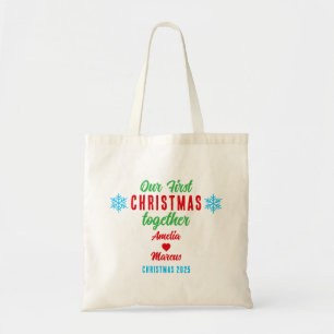 Onze eerste kerst samen met sneeuwvlokken tote bag