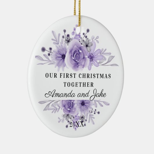 Onze eerste kerst samen Paarse bloemen Keramisch Ornament (Rechts)