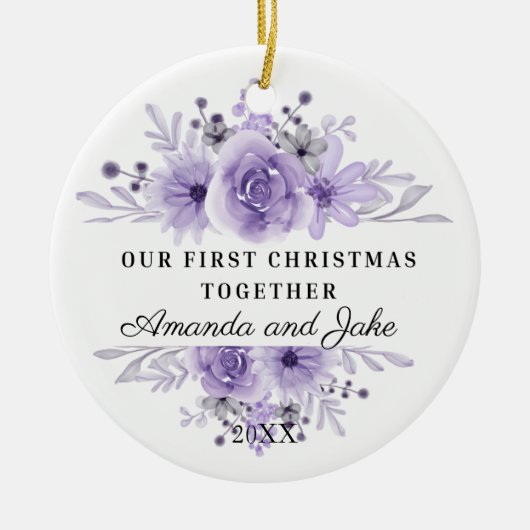 Onze eerste kerst samen Paarse bloemen Keramisch Ornament (Voorkant)