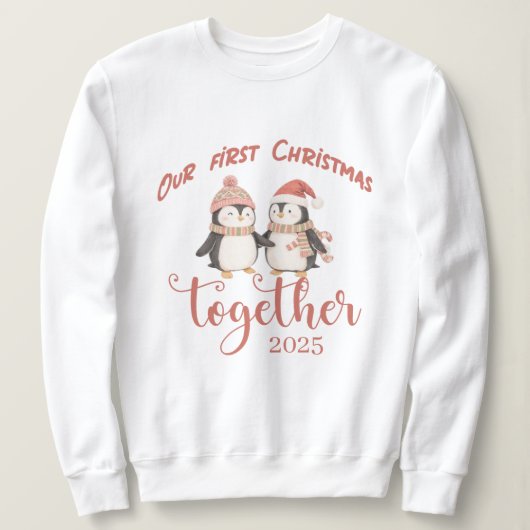Onze eerste kerst samen. Pinguïn koppel ontwerp Trui (Design voorkant)