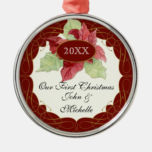 Onze eerste kerst samen Poinsettia personaliseren Metalen Ornament (Voorkant)