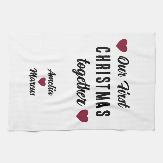 Onze eerste kerst samen Red Hearts Theedoek (Horizontaal)