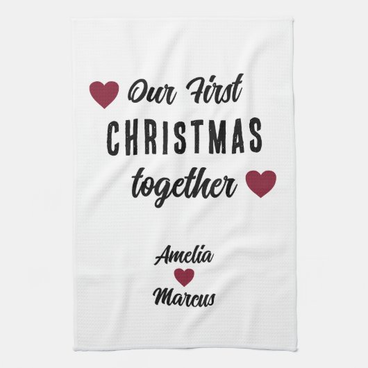 Onze eerste kerst samen Red Hearts Theedoek (Verticaal)