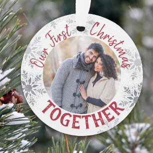 Onze eerste kerst samen Rood en Zilver Foto Ornament