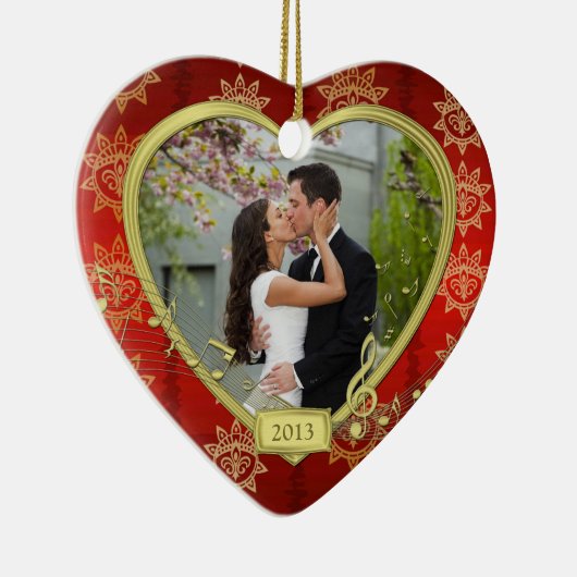 Onze eerste kerst samen rood goud foto Xmas Keramisch Ornament (Rechts)