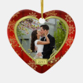 Onze eerste kerst samen rood goud foto Xmas Keramisch Ornament (Voorkant)