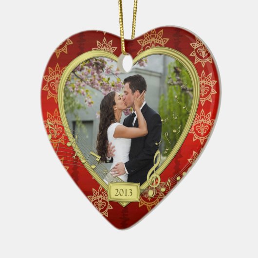 Onze eerste kerst samen rood goud foto Xmas Keramisch Ornament (Links)