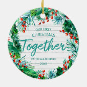 Onze eerste kerst samen Rustic krans Koppel Keramisch Ornament (Achterkant)