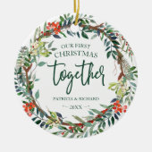 Onze Eerste Kerst Samen Rustieke Krans Keramiek Keramisch Ornament (Voorkant)