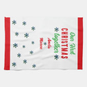 Onze eerste kerst samen sneeuwvlokken paar theedoek (Horizontaal)