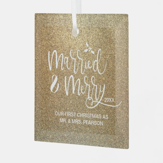 Onze eerste kerst trouwde met Merry Gold Glas Ornament (Voorkant links)
