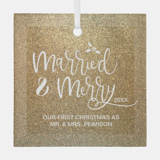 Onze eerste kerst trouwde met Merry Gold Glas Ornament (Voorkant)
