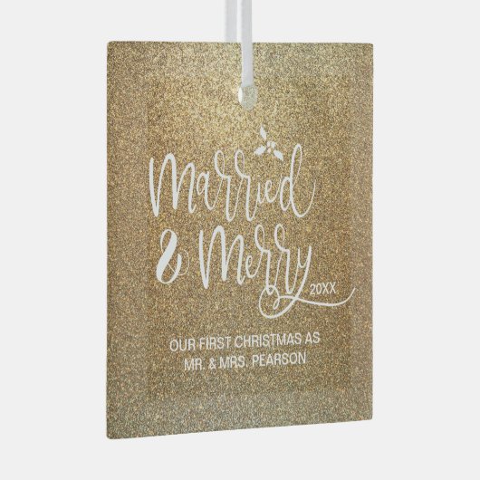 Onze eerste kerst trouwde met Merry Gold Glas Ornament (Voorkant Rechts)