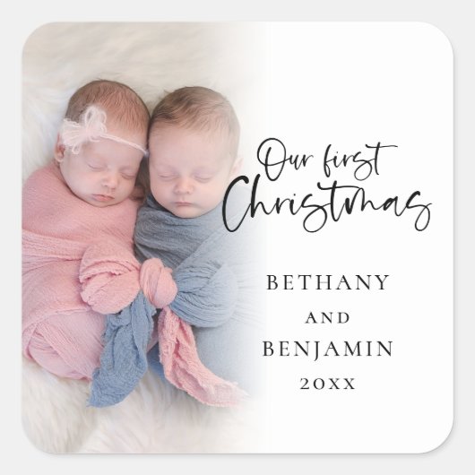 Onze eerste kerst tweeling Baby naam jaar foto Vierkante Sticker (Voorkant)