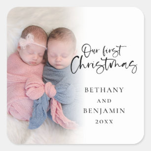 Onze eerste kerst tweeling Baby naam jaar foto Vierkante Sticker