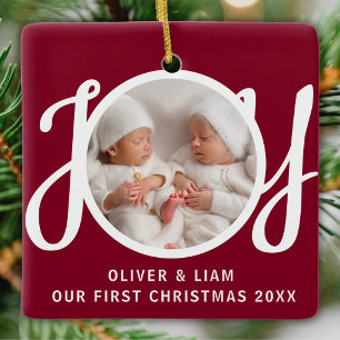 Onze Eerste Kerst Tweeling Foto Diep Rode Aandenke Keramisch Ornament
