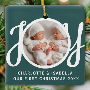 Onze Eerste Kerst Tweeling Foto Groene Aandenken Keramisch Ornament