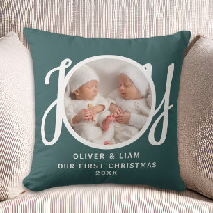 Onze Eerste Kerst Tweeling Foto Groene Aandenken Kussen