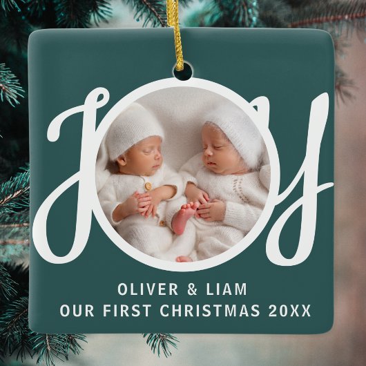 Onze eerste kerst tweeling foto groene Keepsake Keramisch Ornament