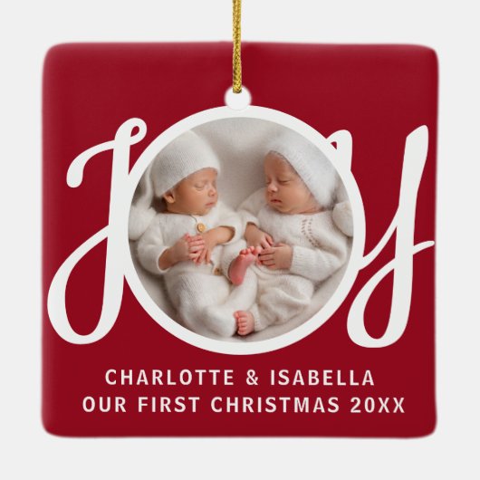 Onze eerste kerst tweeling foto rode keepsake keramisch ornament (Achterkant)