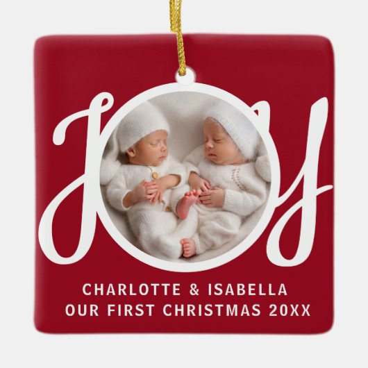 Onze eerste kerst tweeling foto rode keepsake keramisch ornament (Voorkant)