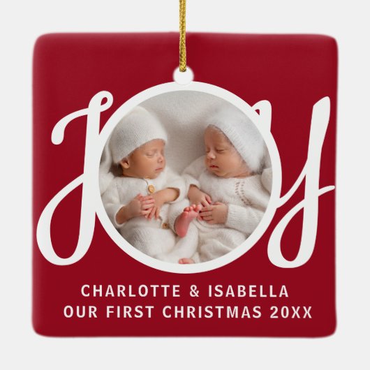 Onze eerste kerst tweeling foto rode keepsake keramisch ornament (Achterkant)
