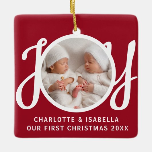Onze eerste kerst tweeling foto rode keepsake keramisch ornament (Voorkant)
