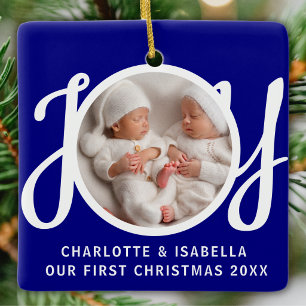 Onze Eerste Kerst Tweeling Foto Vreugde Marineblau Keramisch Ornament