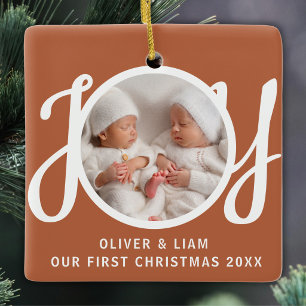 Onze Eerste Kerst Tweeling Foto Vreugde Terracotta Keramisch Ornament
