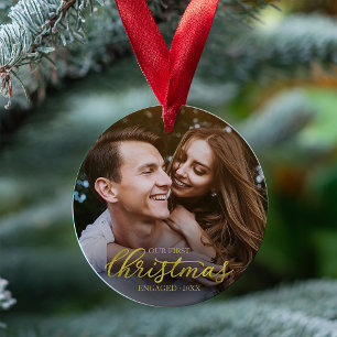 Onze Eerste Kerst Verloofd Goud Folie Schrift Ornament