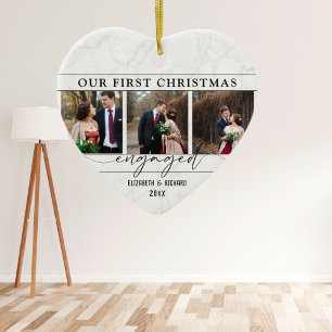 Onze eerste kerst verloofd Minimale fotocollage Keramisch Ornament