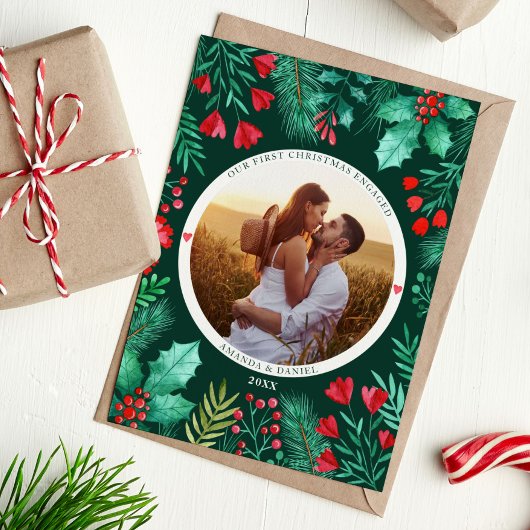 Onze eerste kerst verloofde Waterverf gebladerte Feestdagenkaart