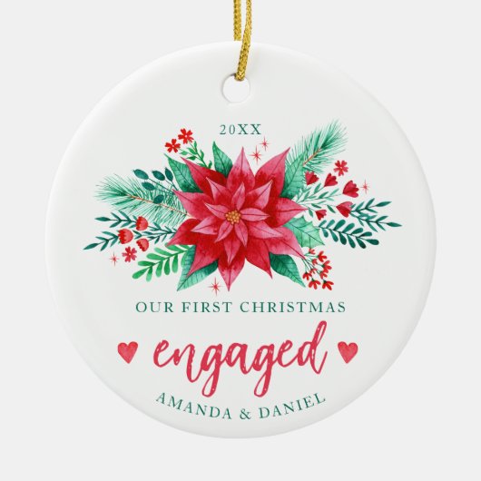 Onze eerste kerst verloofde Waterverf Poinsettia Keramisch Ornament (Voorkant)
